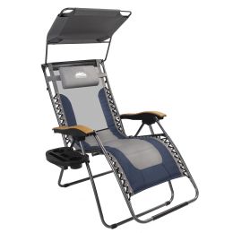 Outdoor Premium Zero Gravity Reclining Lounge Chair with Sun Shade;  Padded Seat;  Cool Mesh Back;  Pillow;  Cup Holder & Side Table for Sports Yard P (Color: Navy & Gray)