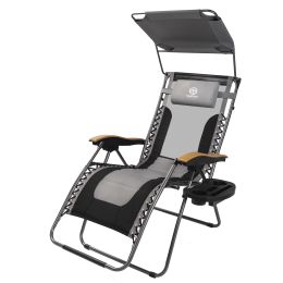 Outdoor Premium Zero Gravity Reclining Lounge Chair with Sun Shade;  Padded Seat;  Cool Mesh Back;  Pillow;  Cup Holder & Side Table for Sports Yard P (Color: Black & Gray)