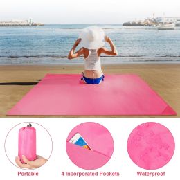 Portable Beach Blanket 4.6' x 6.6' Waterproof Foldable Camping Rug Pocket Sandproof Picnic Mat (Color: Pink)